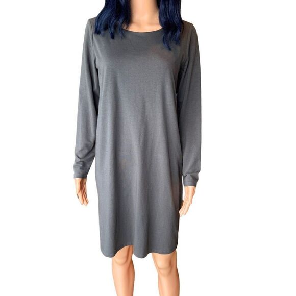 NWT Eileen Fisher Gray Long Sleeve Scoop Neck T-Shirt Dress Size Small - Picture 1 of 5